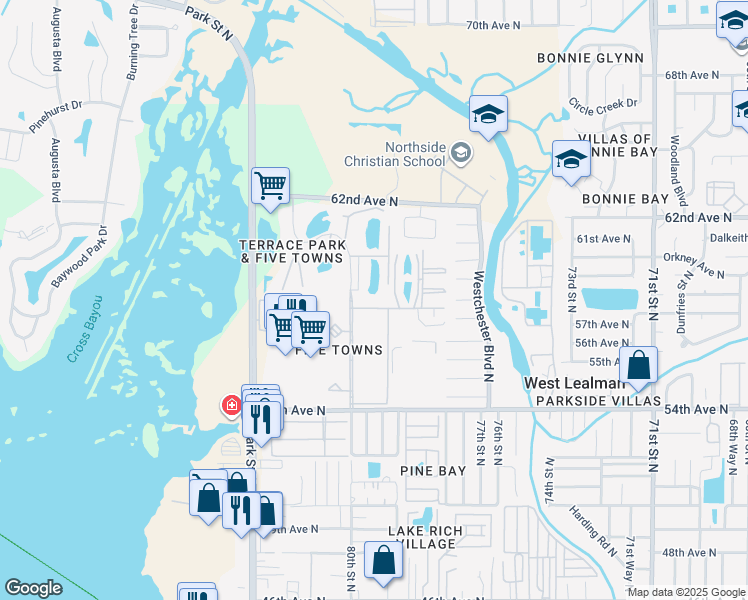 map of restaurants, bars, coffee shops, grocery stores, and more near 7975 58th Avenue North in St. Petersburg