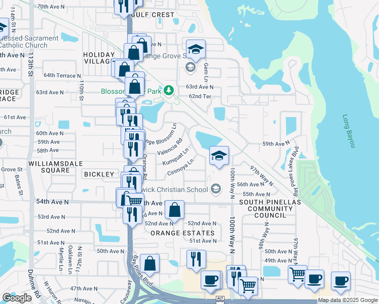 map of restaurants, bars, coffee shops, grocery stores, and more near 10356 Kumquat Lane in Seminole