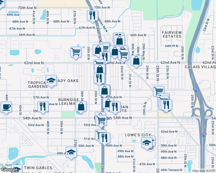 map of restaurants, bars, coffee shops, grocery stores, and more near 3351 58th Avenue North in St. Petersburg
