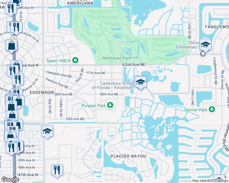map of restaurants, bars, coffee shops, grocery stores, and more near 809 58th Avenue Northeast in Saint Petersburg