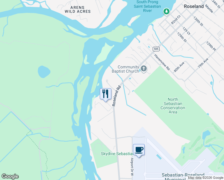 map of restaurants, bars, coffee shops, grocery stores, and more near 12405 Roseland Road in Sebastian