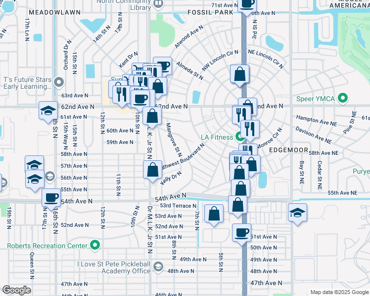 map of restaurants, bars, coffee shops, grocery stores, and more near 5801 Mangrove Street North in St. Petersburg