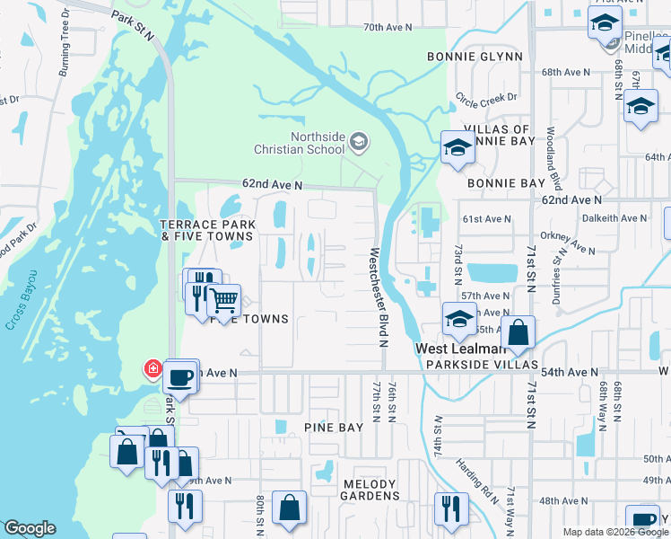 map of restaurants, bars, coffee shops, grocery stores, and more near 5925 Terrace Park Drive North in St. Petersburg