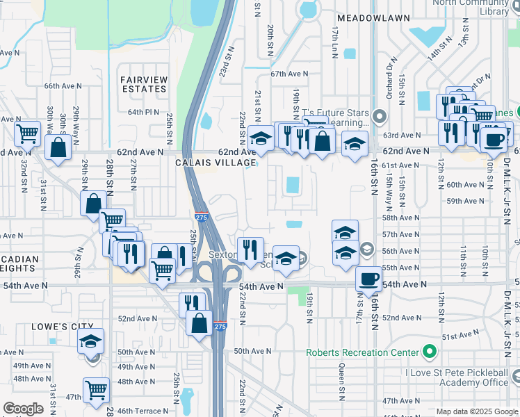 map of restaurants, bars, coffee shops, grocery stores, and more near 5810 21st Street North in St. Petersburg