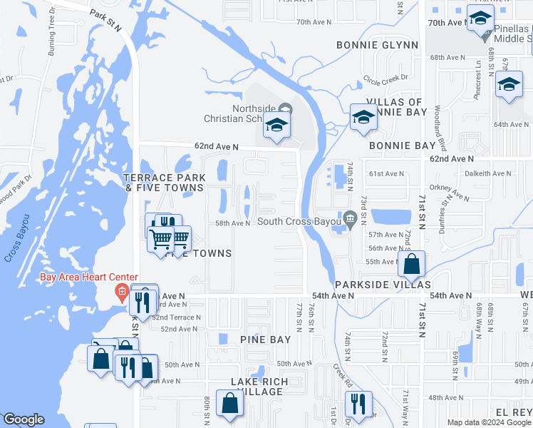 map of restaurants, bars, coffee shops, grocery stores, and more near 5925 Terrace Park Drive North in St. Petersburg