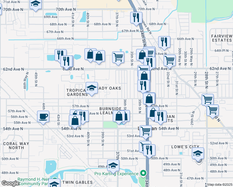map of restaurants, bars, coffee shops, grocery stores, and more near 3701 58th Avenue North in Saint Petersburg