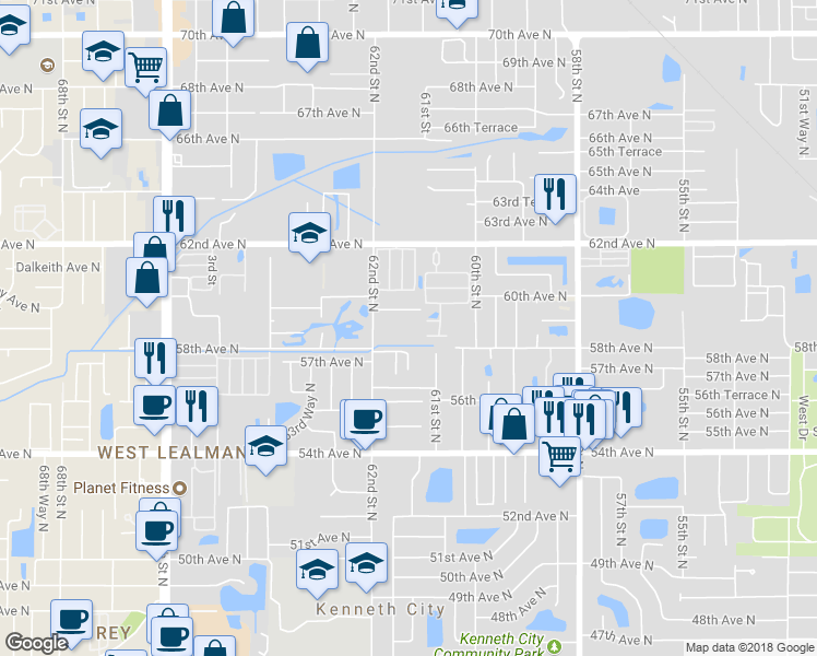 map of restaurants, bars, coffee shops, grocery stores, and more near 5827 62nd Avenue North in Pinellas Park
