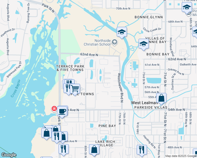 map of restaurants, bars, coffee shops, grocery stores, and more near 7951 58th Avenue North in St. Petersburg
