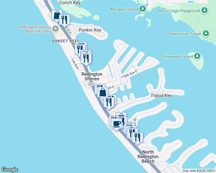map of restaurants, bars, coffee shops, grocery stores, and more near 143 175th Avenue East in Redington Shores