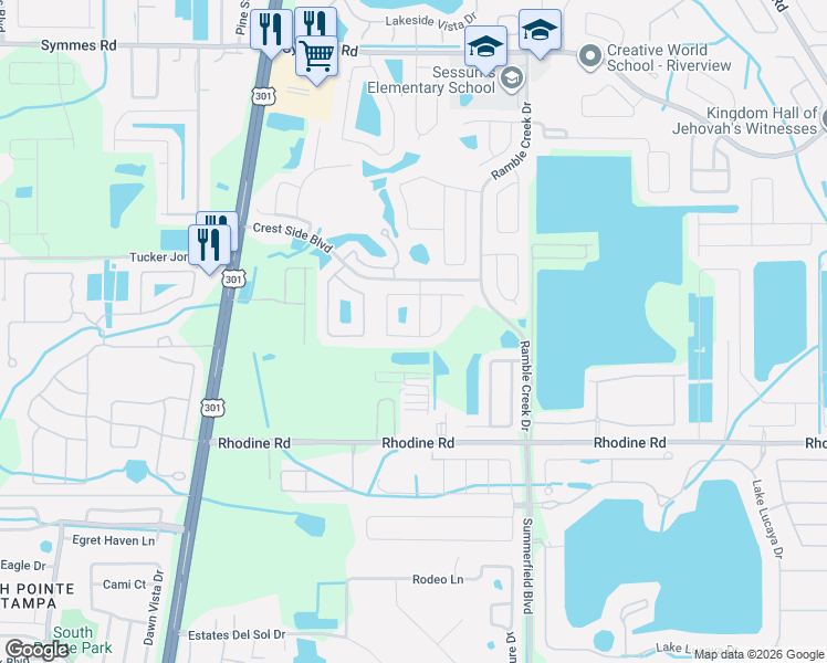 map of restaurants, bars, coffee shops, grocery stores, and more near 11817 Holly Crest Lane in Riverview