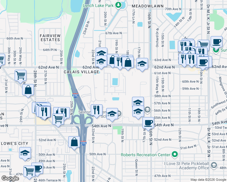 map of restaurants, bars, coffee shops, grocery stores, and more near 1950 58th Avenue North in St. Petersburg