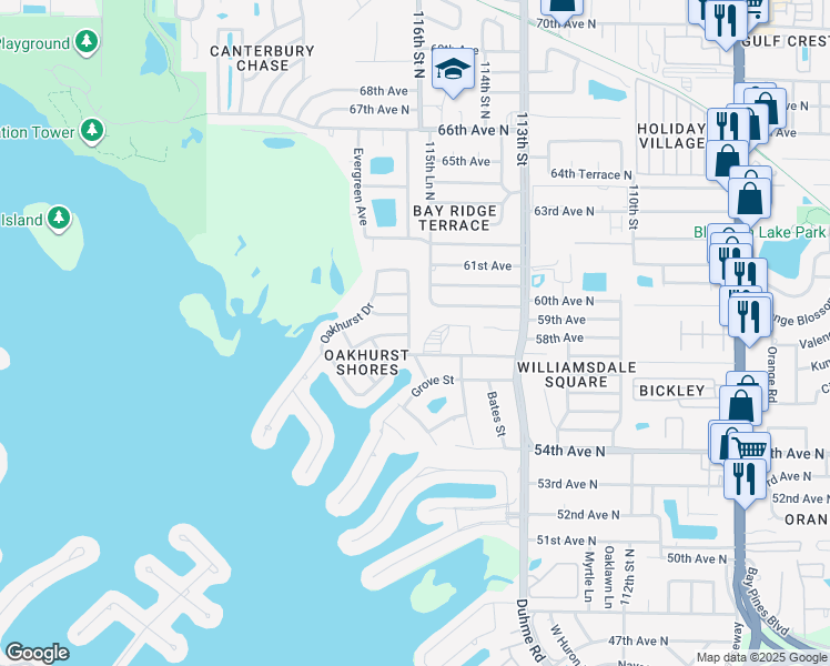 map of restaurants, bars, coffee shops, grocery stores, and more near 5746 Hillside Street in Seminole