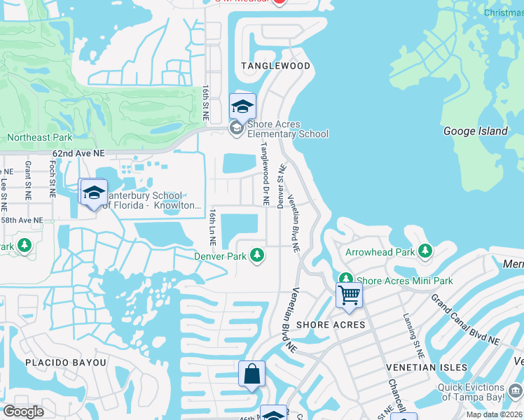 map of restaurants, bars, coffee shops, grocery stores, and more near 5800 Tanglewood Drive Northeast in St. Petersburg
