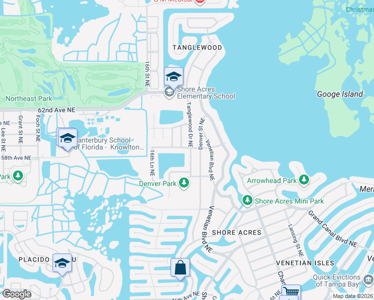 map of restaurants, bars, coffee shops, grocery stores, and more near 5800 Tanglewood Drive Northeast in St. Petersburg