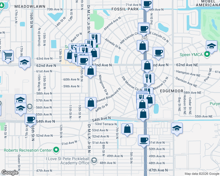 map of restaurants, bars, coffee shops, grocery stores, and more near 5801 Mangrove Street North in St. Petersburg