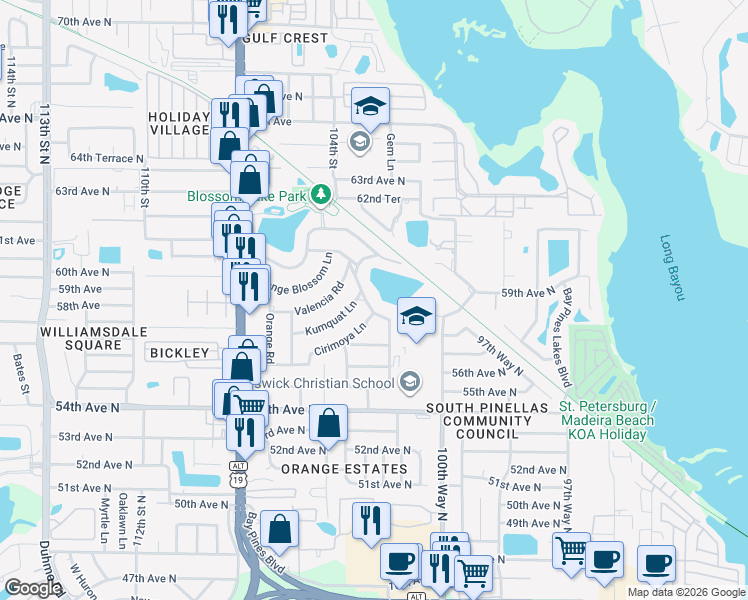map of restaurants, bars, coffee shops, grocery stores, and more near 10356 Kumquat Lane in Seminole