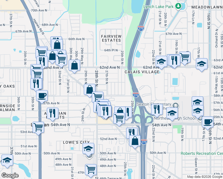 map of restaurants, bars, coffee shops, grocery stores, and more near 98 Lou Bea Street in St. Petersburg
