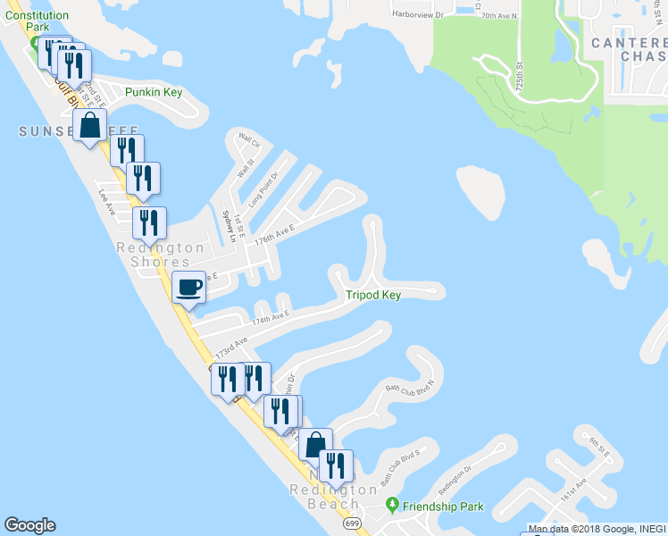 map of restaurants, bars, coffee shops, grocery stores, and more near 17390 Rosa Lee Way in Saint Petersburg