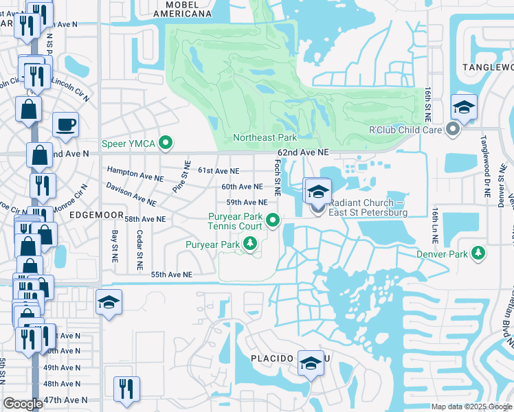map of restaurants, bars, coffee shops, grocery stores, and more near 809 58th Avenue Northeast in St. Petersburg