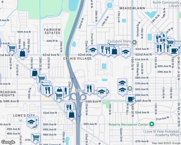map of restaurants, bars, coffee shops, grocery stores, and more near 5810 21st Street North in St. Petersburg