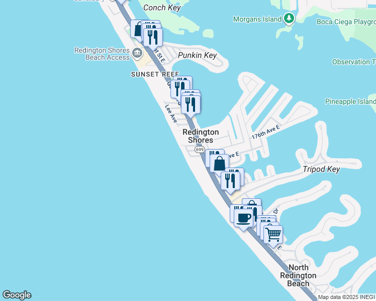 map of restaurants, bars, coffee shops, grocery stores, and more near 8 176th Avenue West in Redington Shores