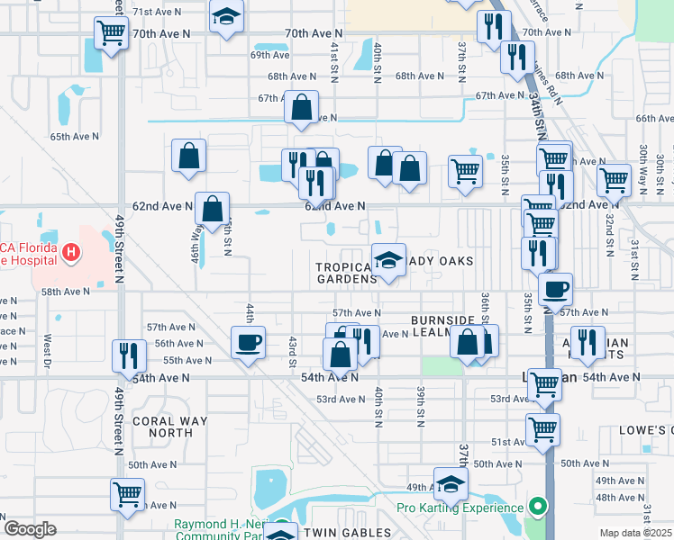 map of restaurants, bars, coffee shops, grocery stores, and more near 3688 62 Avenue North in Pinellas Park