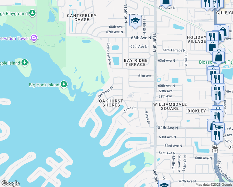 map of restaurants, bars, coffee shops, grocery stores, and more near 11653 Pinedale Avenue in Seminole
