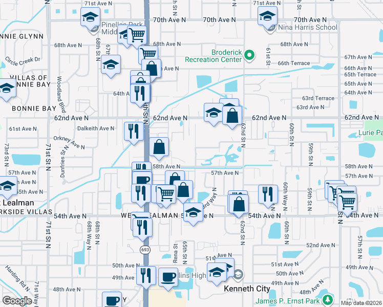 map of restaurants, bars, coffee shops, grocery stores, and more near 6425 58th Avenue North in St. Petersburg