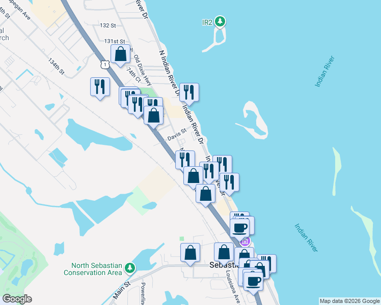 map of restaurants, bars, coffee shops, grocery stores, and more near 1637 Indian River Drive in Sebastian