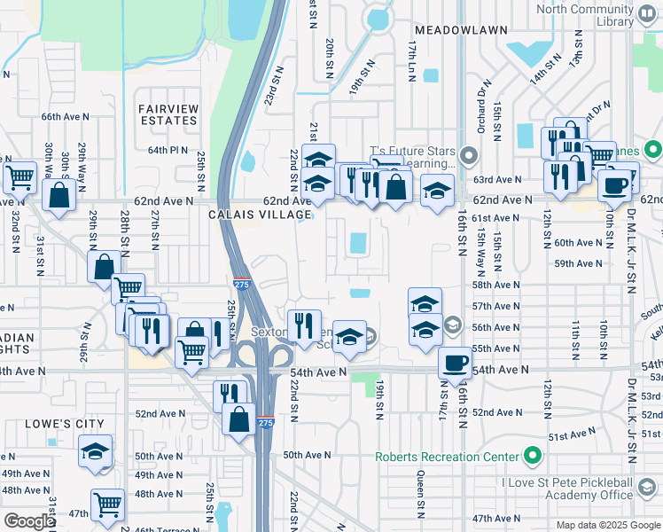 map of restaurants, bars, coffee shops, grocery stores, and more near 5875 21st Street North in St. Petersburg