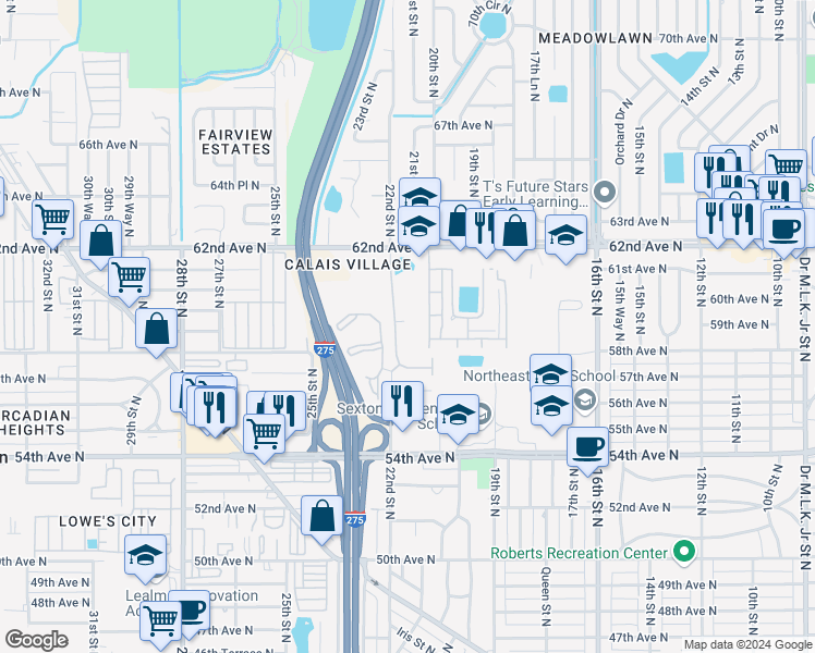 map of restaurants, bars, coffee shops, grocery stores, and more near 5757 Calais Boulevard North in Saint Petersburg