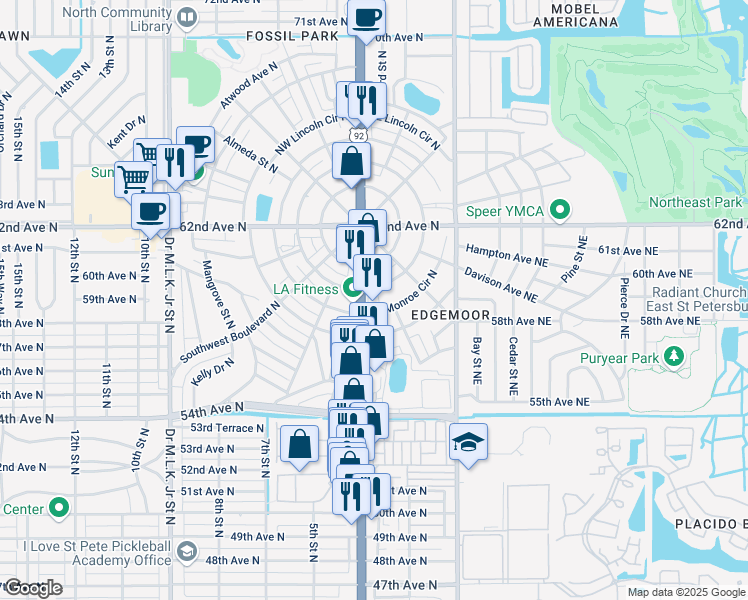 map of restaurants, bars, coffee shops, grocery stores, and more near 5811 4th Street North in St. Petersburg