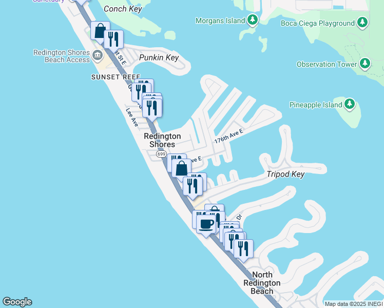 map of restaurants, bars, coffee shops, grocery stores, and more near 119 Forest Hills Drive in Redington Shores
