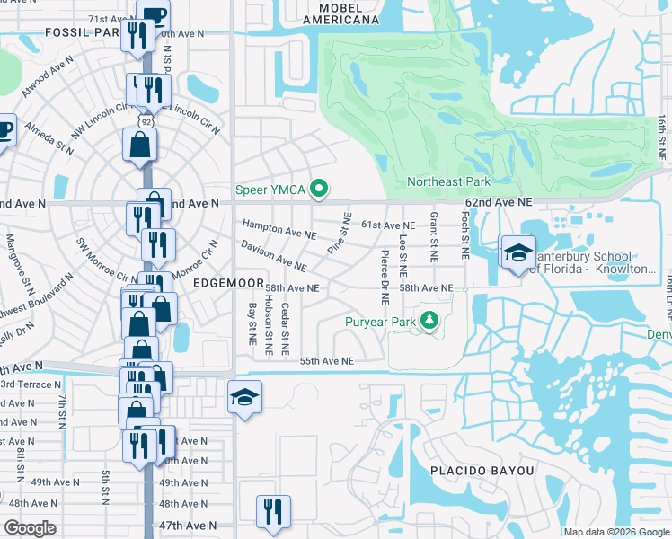 map of restaurants, bars, coffee shops, grocery stores, and more near 525 Davison Avenue Northeast in St. Petersburg
