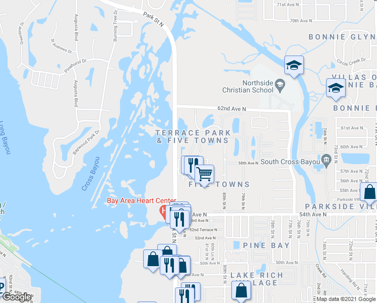 map of restaurants, bars, coffee shops, grocery stores, and more near 5849 Park Street North in St. Petersburg