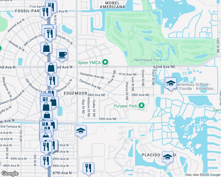 map of restaurants, bars, coffee shops, grocery stores, and more near 525 Davison Avenue Northeast in St. Petersburg