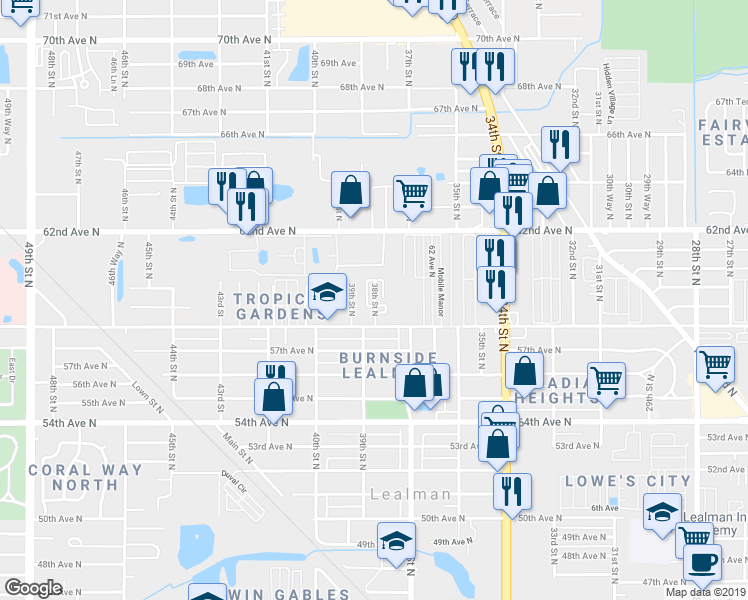 map of restaurants, bars, coffee shops, grocery stores, and more near 3713 58th Avenue North in St. Petersburg