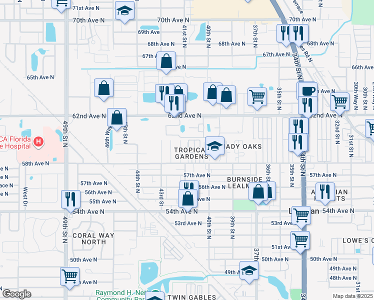 map of restaurants, bars, coffee shops, grocery stores, and more near 3688 62 Avenue North in Pinellas Park