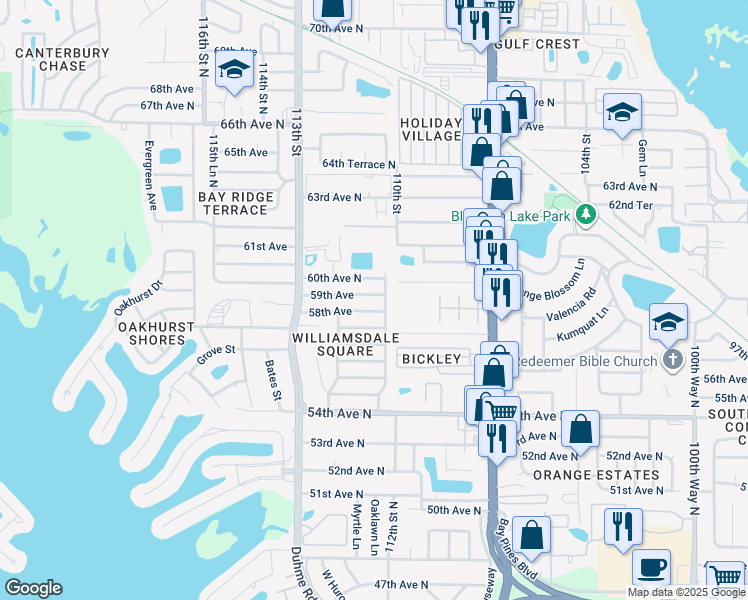 map of restaurants, bars, coffee shops, grocery stores, and more near 11108 58th Avenue in Seminole