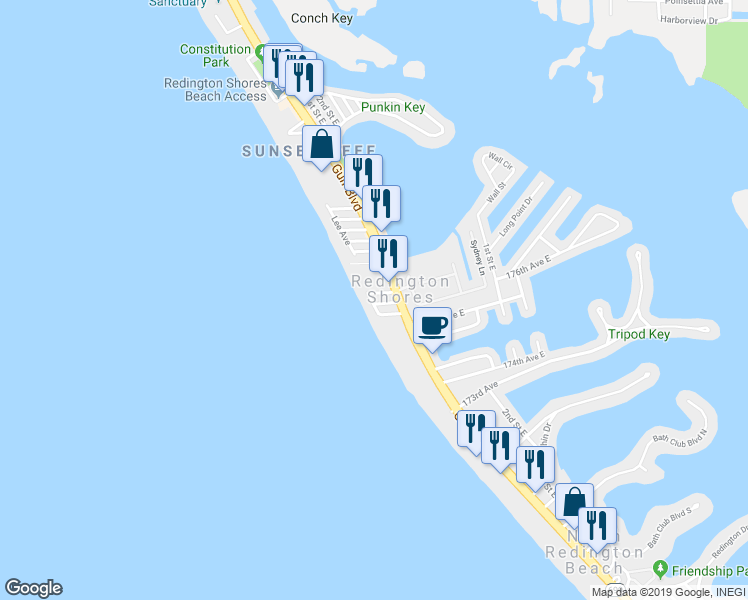 map of restaurants, bars, coffee shops, grocery stores, and more near 8 176th Avenue West in Redington Shores