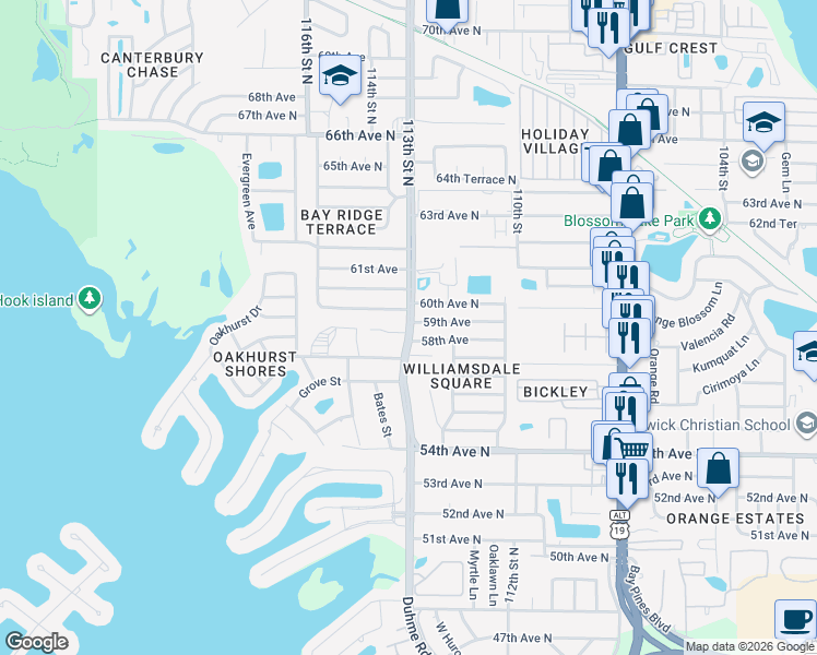 map of restaurants, bars, coffee shops, grocery stores, and more near 11295 Oakridge Trail in Seminole