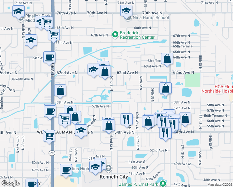 map of restaurants, bars, coffee shops, grocery stores, and more near 5827 62nd Avenue North in Pinellas Park