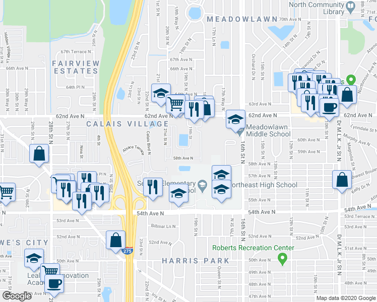 map of restaurants, bars, coffee shops, grocery stores, and more near 1900 59th Avenue North in Saint Petersburg
