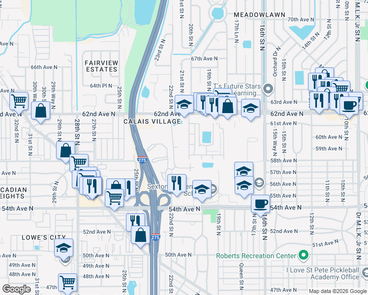map of restaurants, bars, coffee shops, grocery stores, and more near 5970 21st Street North in St. Petersburg