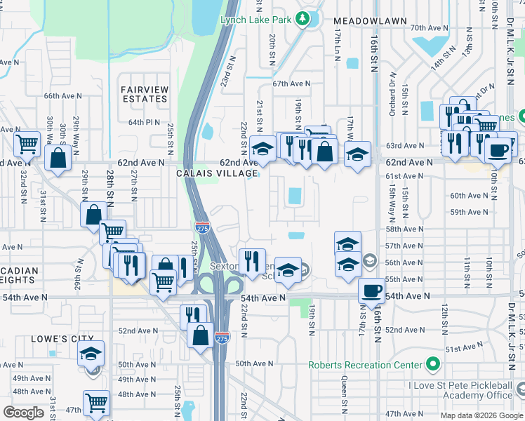 map of restaurants, bars, coffee shops, grocery stores, and more near 5970 21st Street North in St. Petersburg