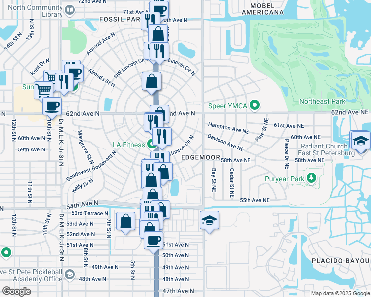 map of restaurants, bars, coffee shops, grocery stores, and more near 147 Southeast Madison Circle North in St. Petersburg