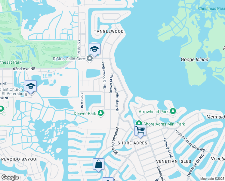 map of restaurants, bars, coffee shops, grocery stores, and more near 5931 Denver Street Northeast in St. Petersburg