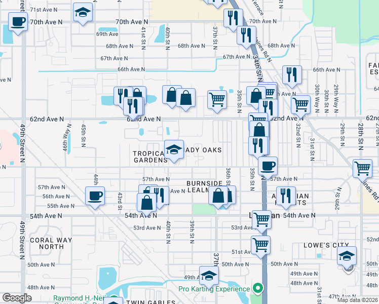 map of restaurants, bars, coffee shops, grocery stores, and more near 5853 39th Street North in St. Petersburg