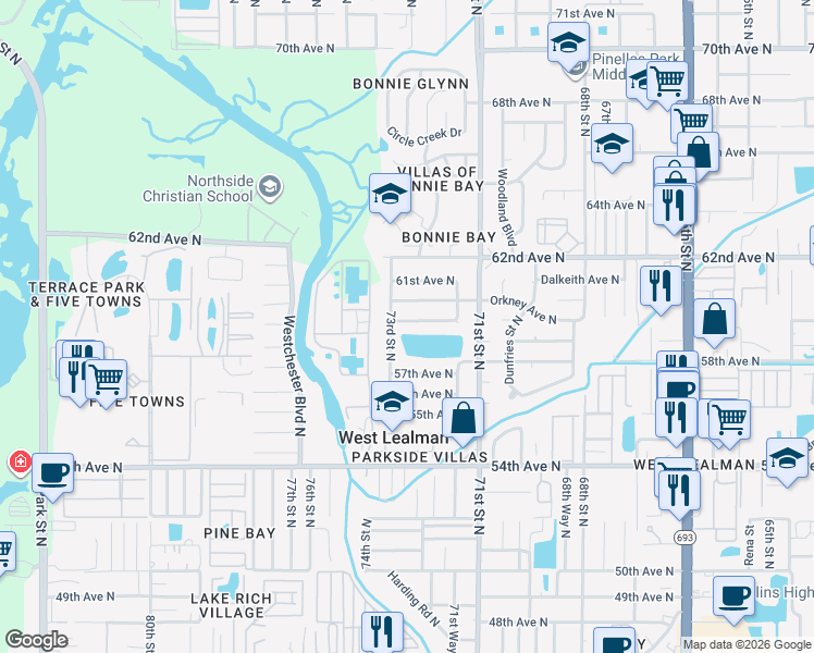 map of restaurants, bars, coffee shops, grocery stores, and more near 7290 Orkney Avenue North in St. Petersburg