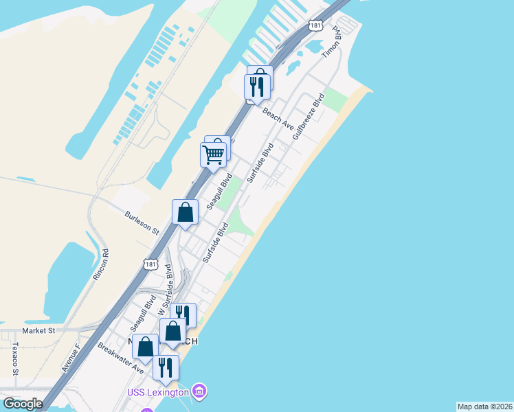 map of restaurants, bars, coffee shops, grocery stores, and more near 3938 Surfside Boulevard in Corpus Christi